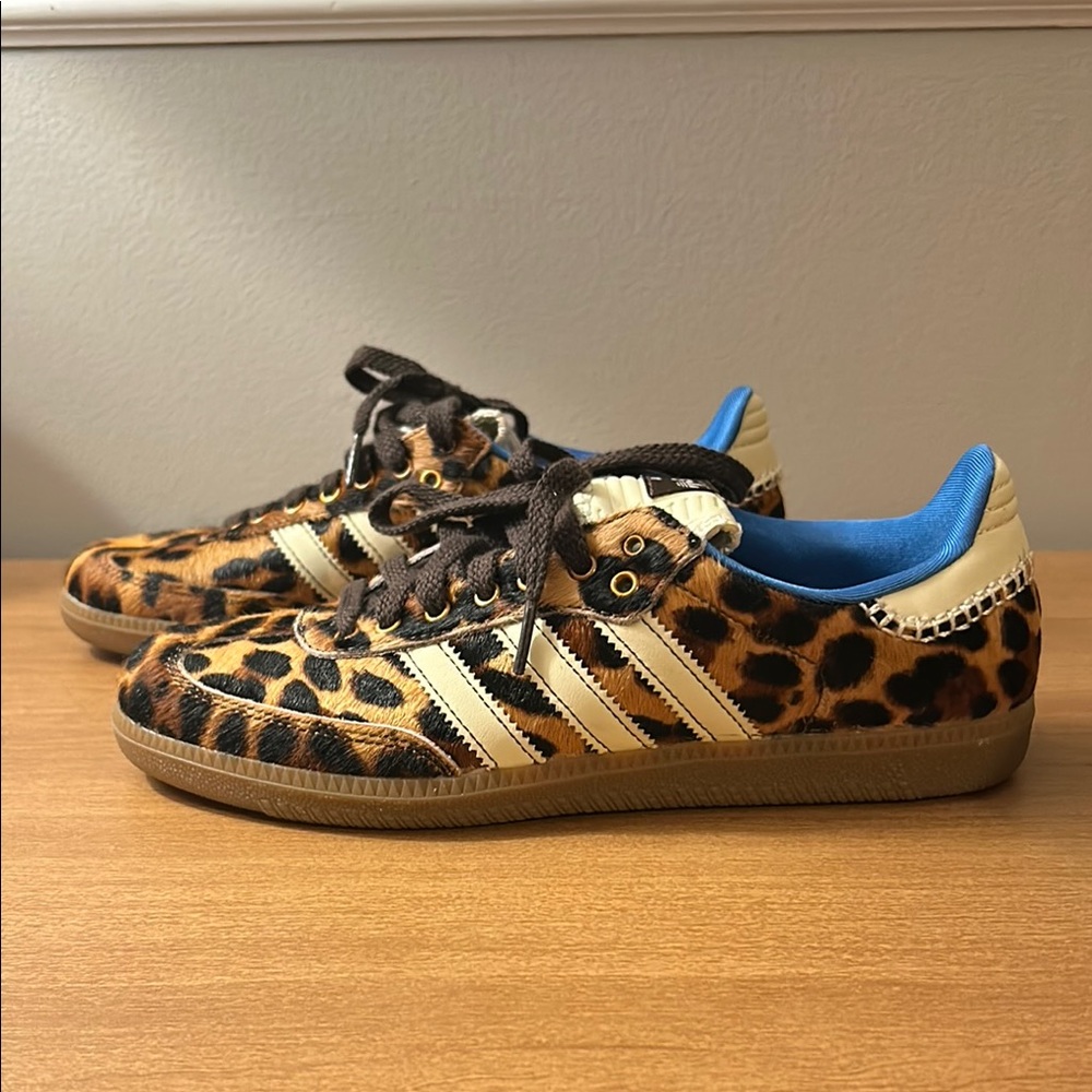 adidas Leopard Print Athletic Shoes with Blue Accents
